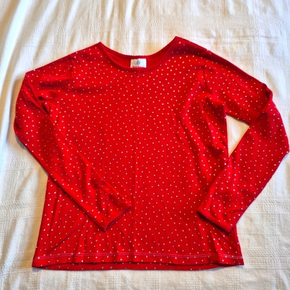 Hanna Andersson girls size 150 or 12 red long sleeve shirt with silver dots VGUC